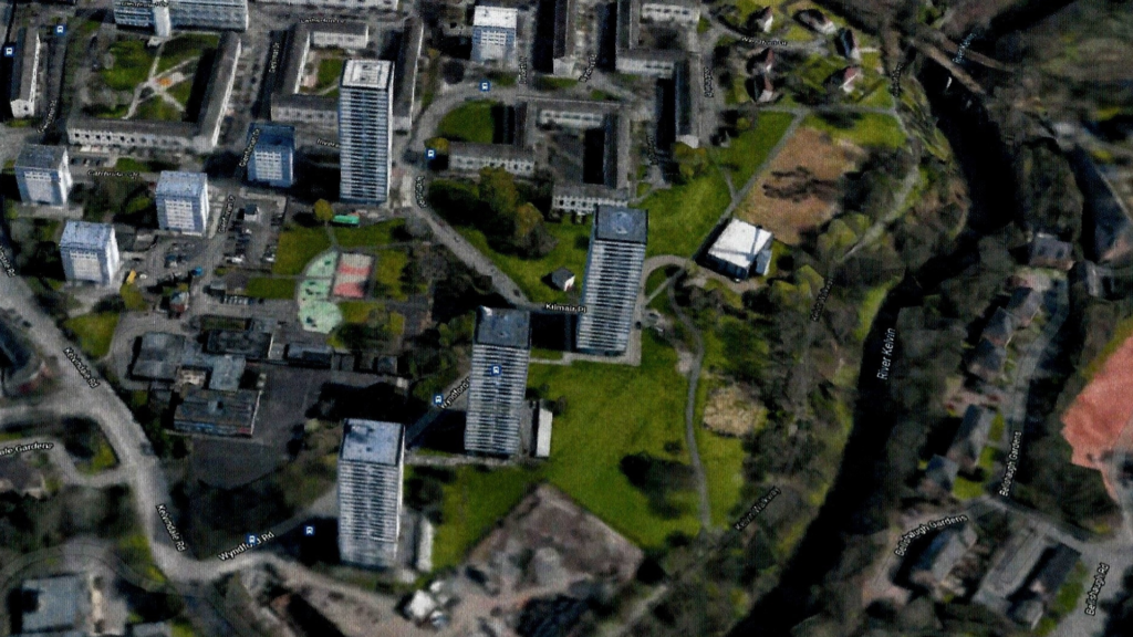 An aerial modelling of Wyndford and its surrounding area, including the riverside.