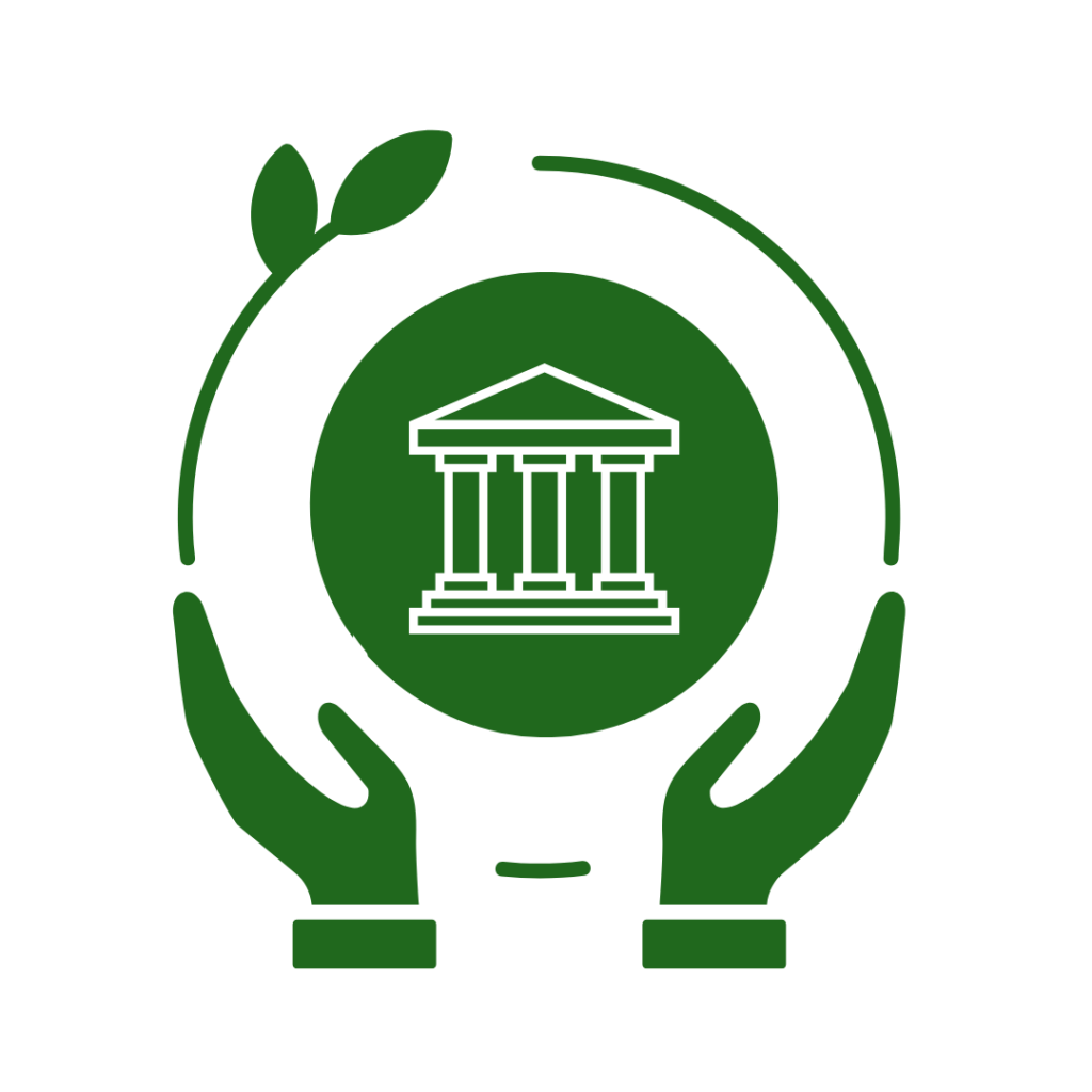 Hands holding a circle with the symbol of a courthouse on it, with a branch of leaves wrapping circling around it.