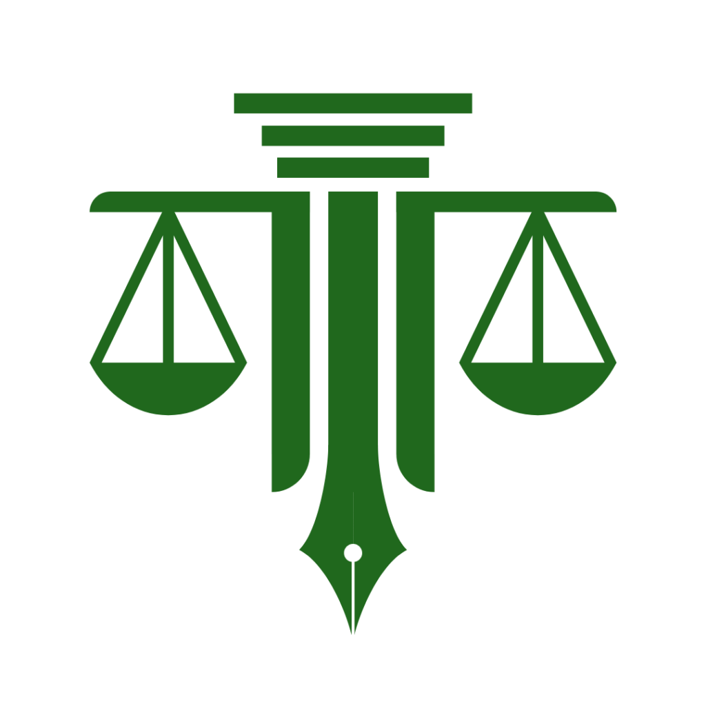 Scales of justice framing a fountain pen.