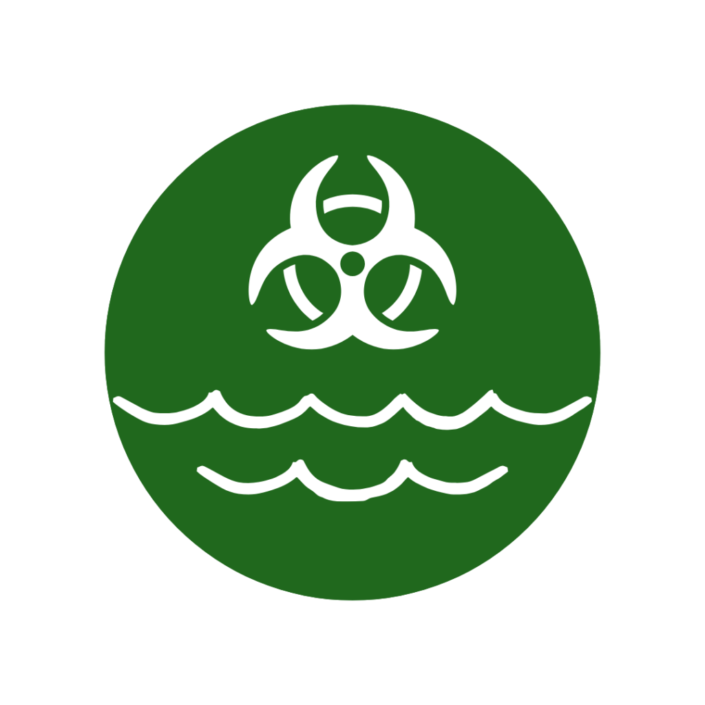 Biohazard symbol over waves.