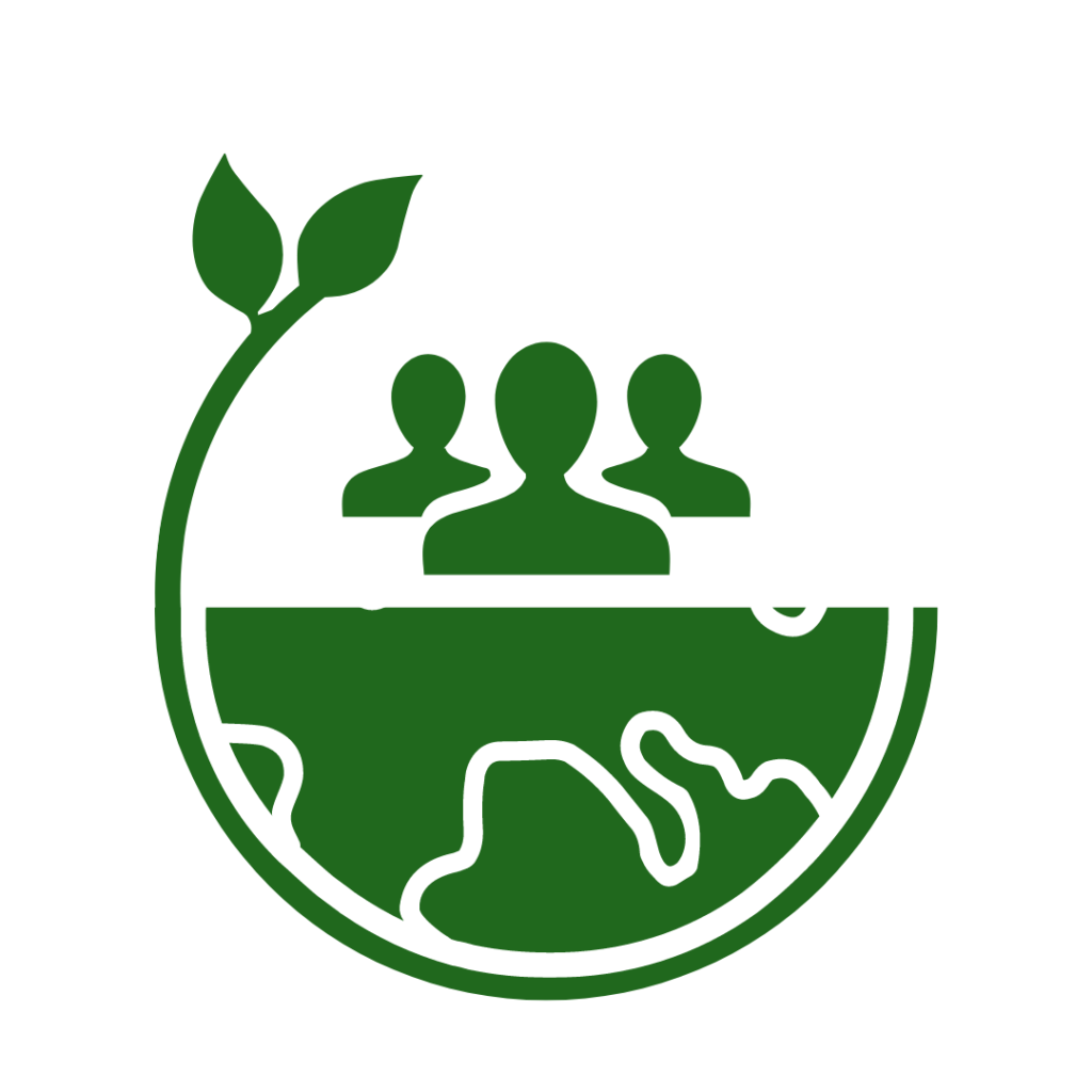 Silhouette of a group of people above the earth, with a branch of leaves wrapping around.
