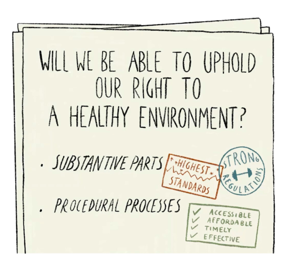 Papers with the text 'Will we be able to uphold our right to a healthy environment?' Underneath, bullet points read: 'substantive parts - highest standards, strong regulation' and 'procedural processes - accessible, affordable, timely, effective'.