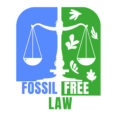 Logo for Fossil free law campaign. The logo features white scales and white leaves on a blue and green background, with the text fossil free law written beneath.